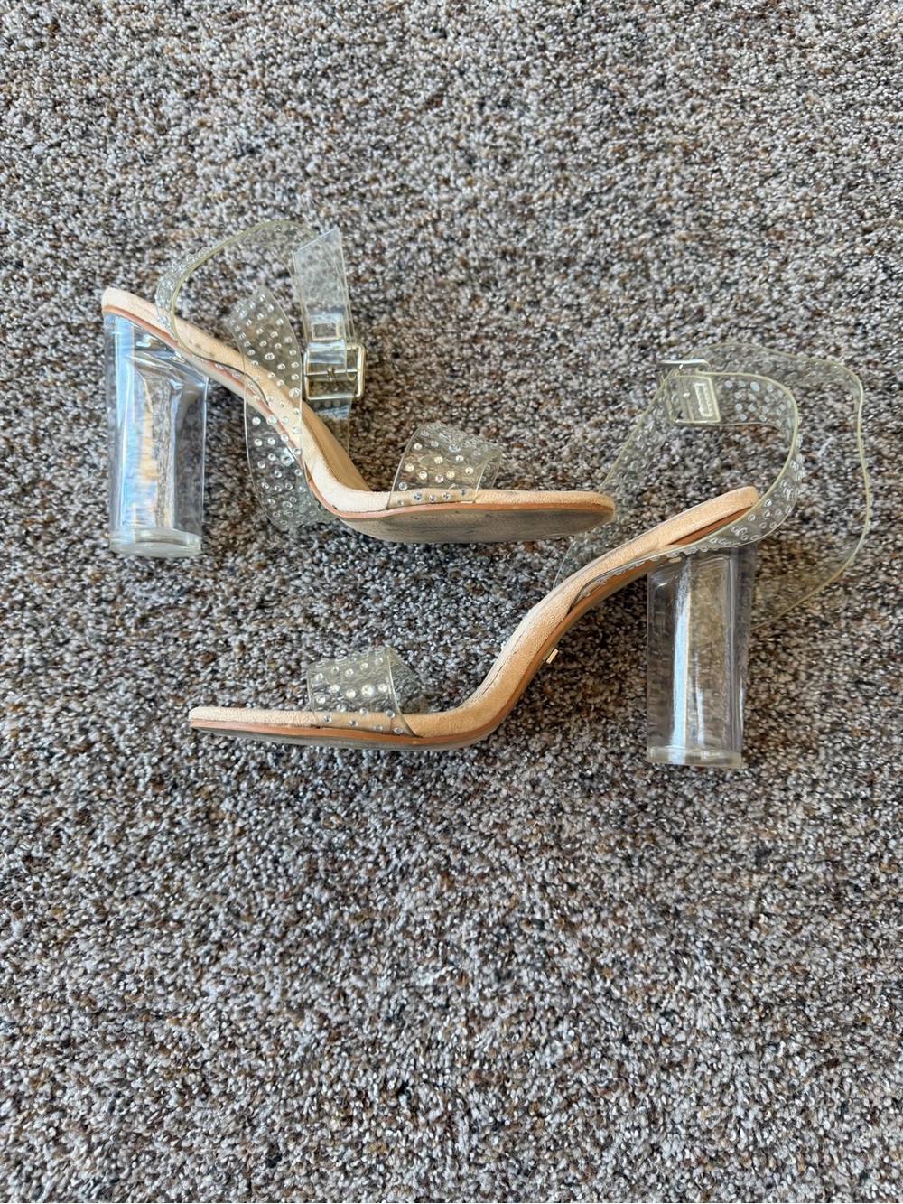 bebe Rebeca Clear Rhinestone Lucite Block Heels Sandals Size 9